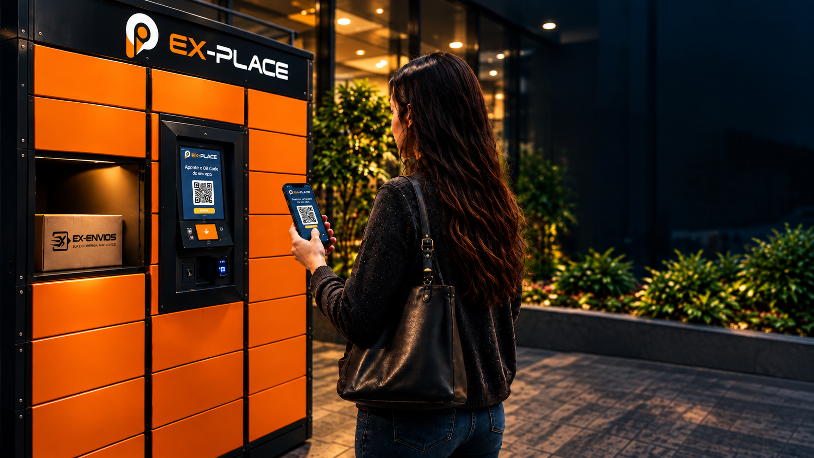 Moradora retirando encomenda no locker Ex-Place